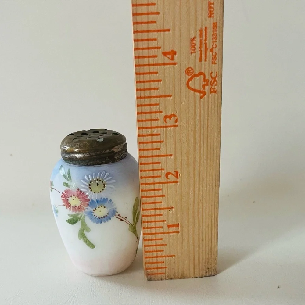 Hand-Painted Milk Glass Floral Salt Shaker with Metal Lid